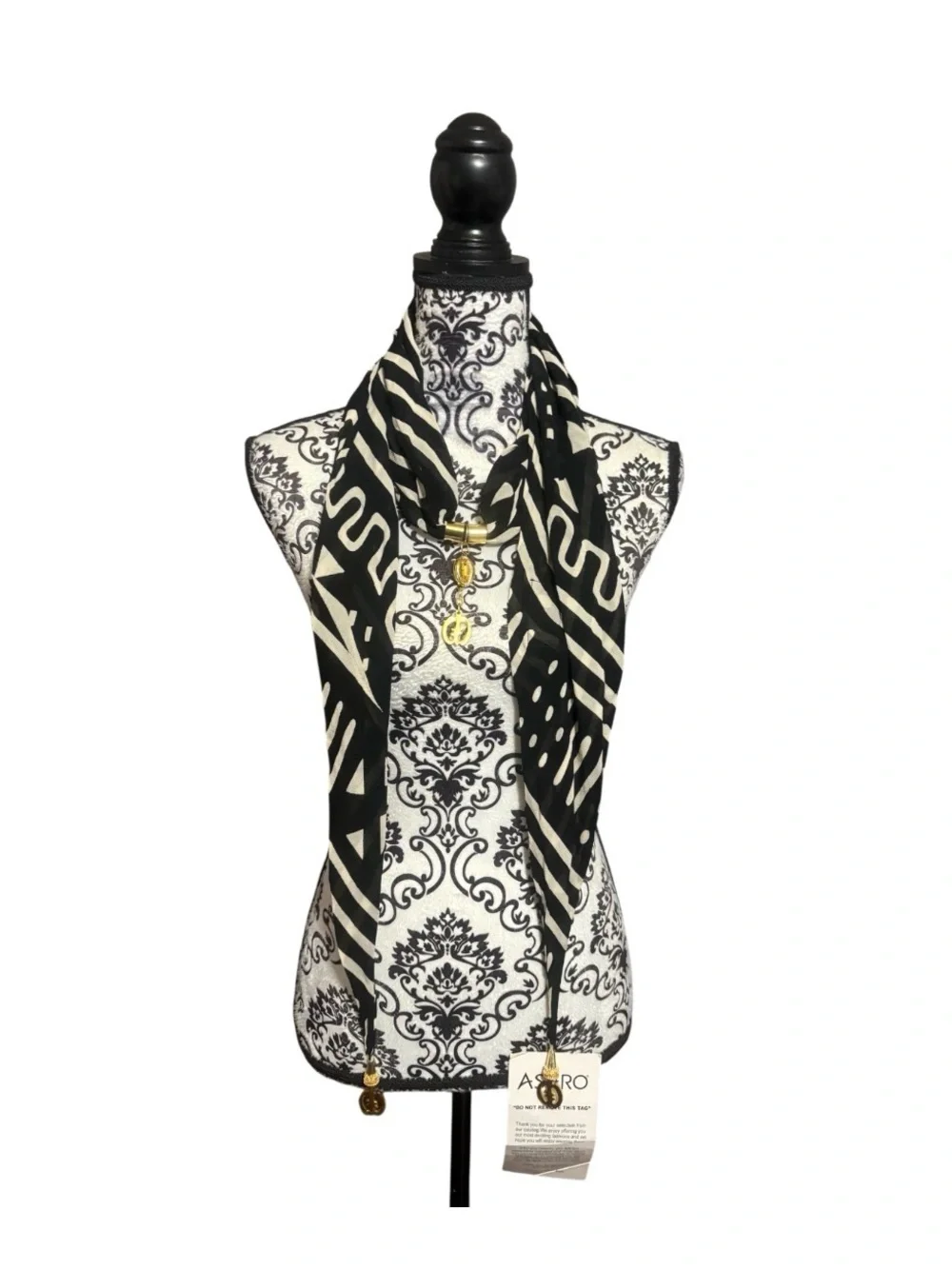 ASHRO Black & White Patterned Scarf with Gold Tone Charms